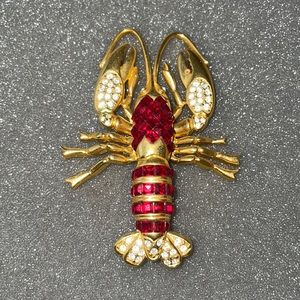 Nolan Miller Ruby Red Lobster Brooch Pin Crystal Gold Tone Statement Piece!!